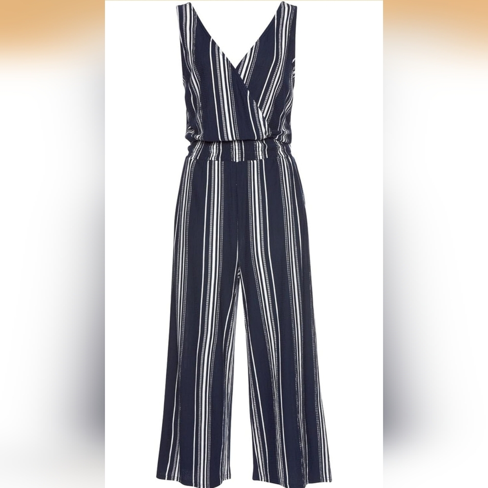 Striped Navy And White Wrap Jumpsuit